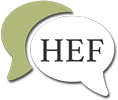 Highland Environment Forum logo consisting of two speech bubbles, one overlapping the other, with the acronym HEF inside the front bubble.